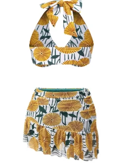 Fashion Retro Stage 1950s Halter Ping Pong Floral Swimsuit Yellow