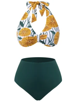 Fashion Retro Stage 1950s Halter Ping Pong Floral Swimsuit Yellow