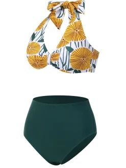 Fashion Retro Stage 1950s Halter Ping Pong Floral Swimsuit Yellow