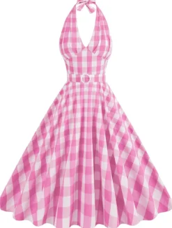 Discount Retro Stage 1950s Halter Plaid Belted Swing Dress