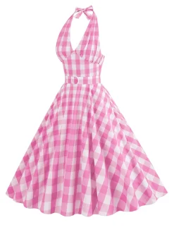 Discount Retro Stage 1950s Halter Plaid Belted Swing Dress