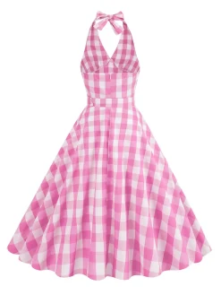 Discount Retro Stage 1950s Halter Plaid Belted Swing Dress