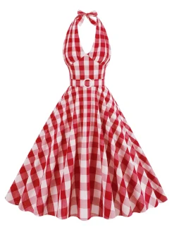 Discount Retro Stage 1950s Halter Plaid Belted Swing Dress