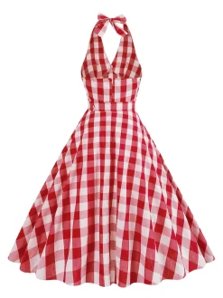 Discount Retro Stage 1950s Halter Plaid Belted Swing Dress
