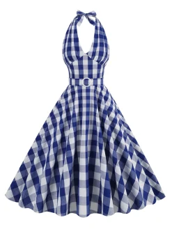 Discount Retro Stage 1950s Halter Plaid Belted Swing Dress
