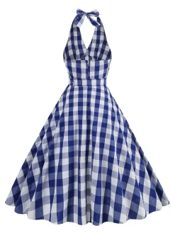 Discount Retro Stage 1950s Halter Plaid Belted Swing Dress