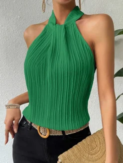 Clearance Retro Stage 1970s Halter Pleated Sleeveless Solid Top