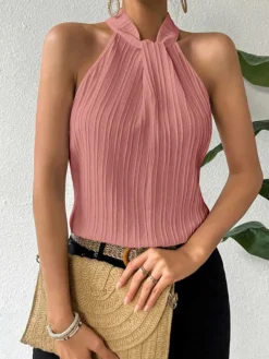 Clearance Retro Stage 1970s Halter Pleated Sleeveless Solid Top
