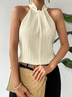 Clearance Retro Stage 1970s Halter Pleated Sleeveless Solid Top