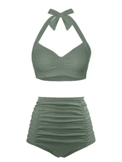 Discount Retro Stage 1940s Halter Pleated Solid Swimsuit