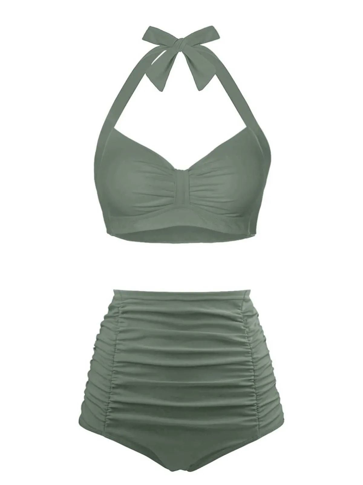 Discount Retro Stage 1940s Halter Pleated Solid Swimsuit