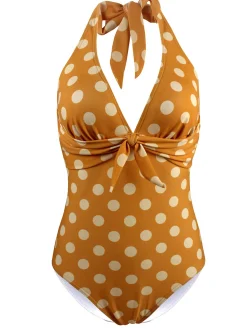 Online Retro Stage 1940s Halter Polka Dot One-Piece Swimsuit Khaki