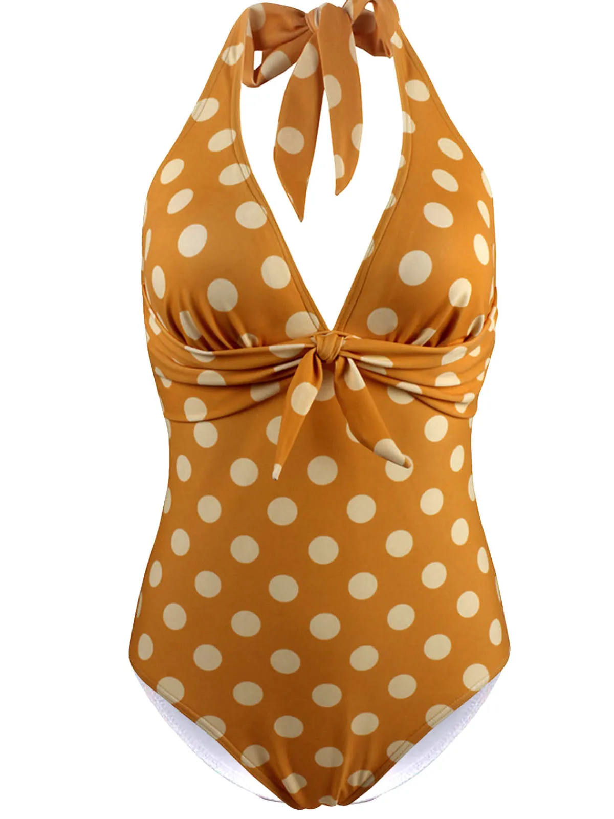 Online Retro Stage 1940s Halter Polka Dot One-Piece Swimsuit Khaki