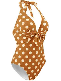 Online Retro Stage 1940s Halter Polka Dot One-Piece Swimsuit Khaki