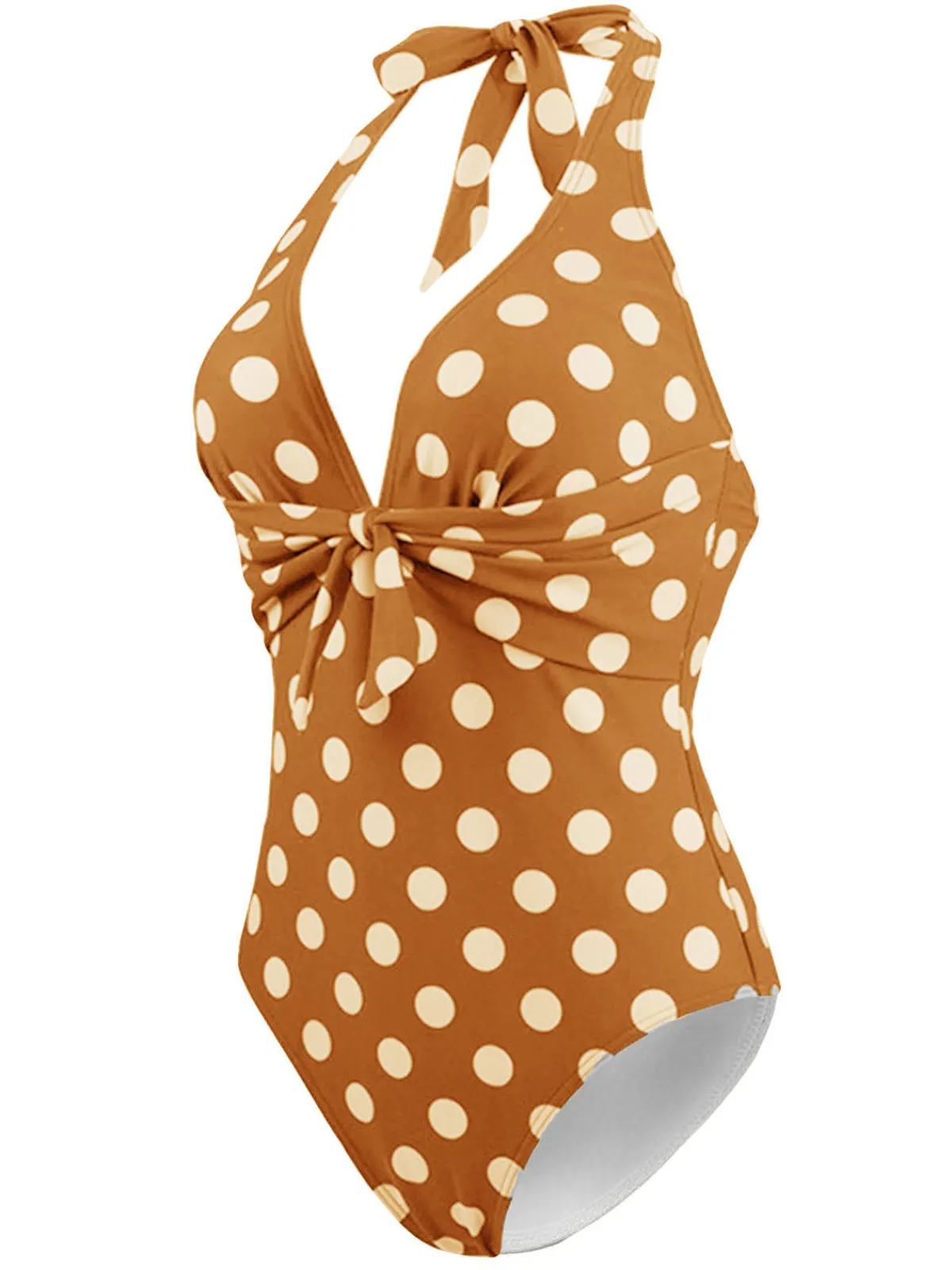 Online Retro Stage 1940s Halter Polka Dot One-Piece Swimsuit Khaki