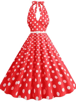 Clearance Retro Stage 1950s Halter Polka Dot Print Swing Dress