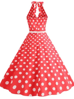 Clearance Retro Stage 1950s Halter Polka Dot Print Swing Dress