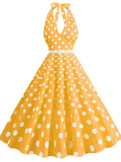 Clearance Retro Stage 1950s Halter Polka Dot Print Swing Dress
