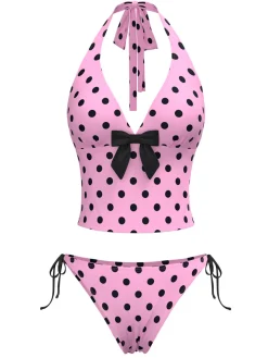 Hot Retro Stage 1970s Halter Polka Dots Bow Bikini Set Pink