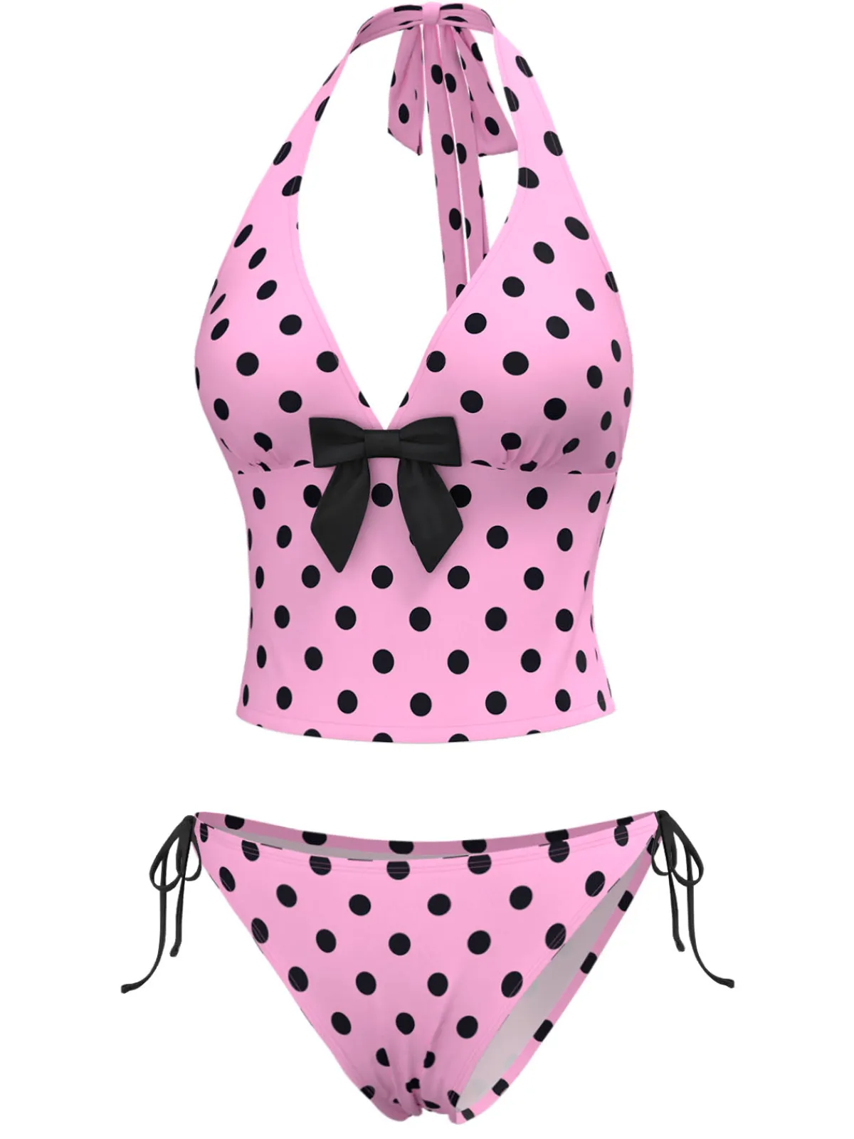 Hot Retro Stage 1970s Halter Polka Dots Bow Bikini Set Pink