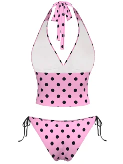 Hot Retro Stage 1970s Halter Polka Dots Bow Bikini Set Pink