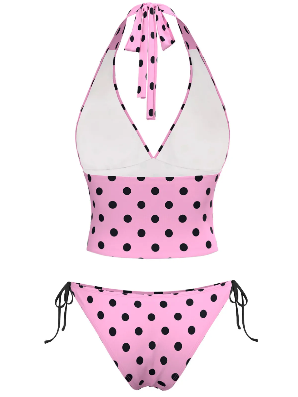 Hot Retro Stage 1970s Halter Polka Dots Bow Bikini Set Pink