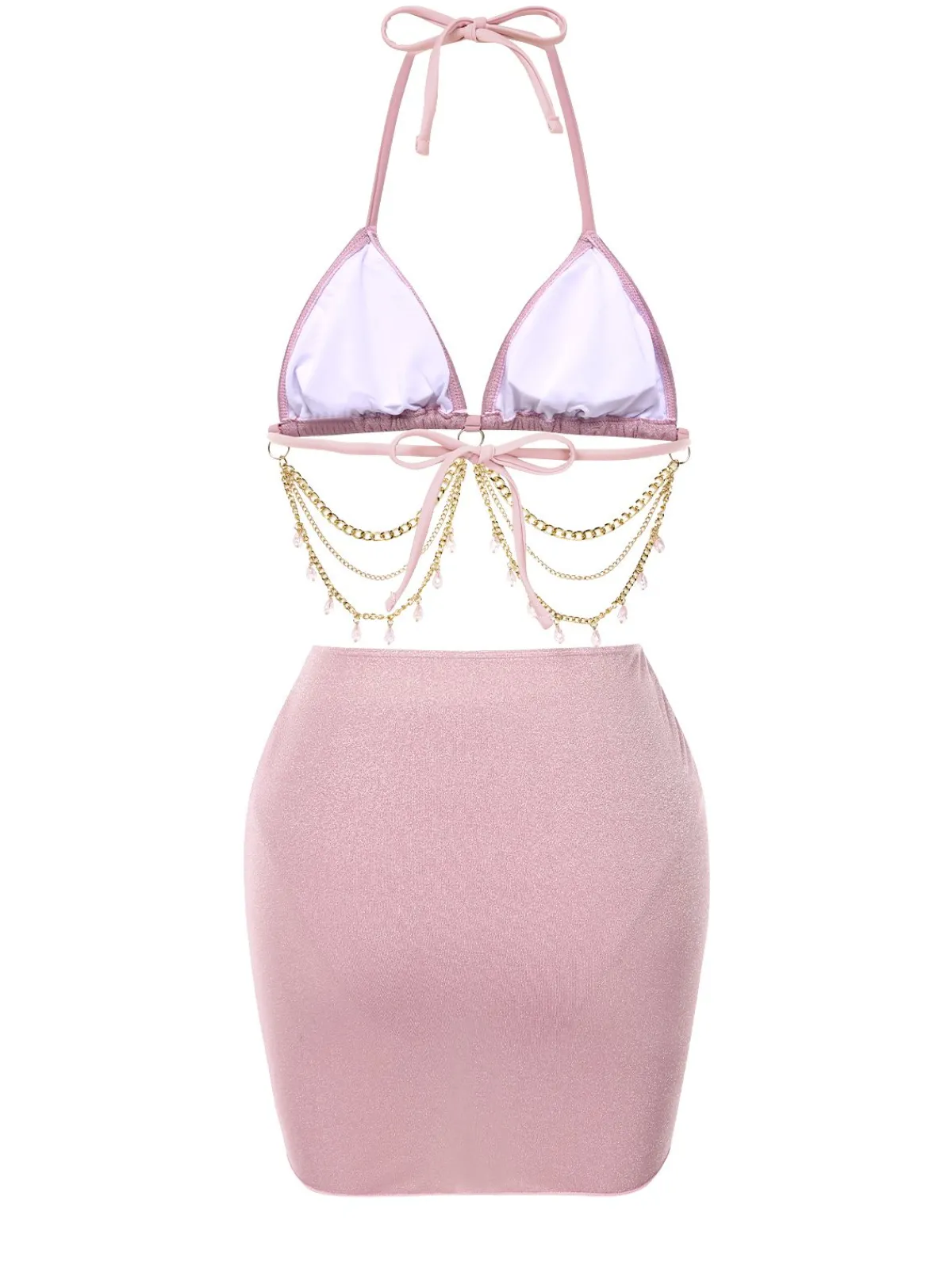 Discount Retro Stage 1970s Halter Shimmery Chain Crystal Bikini & Cover-Up Pink