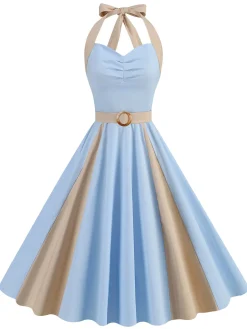 Hot Retro Stage 1950s Halter Solid Color Block Belt Dress