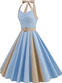 Hot Retro Stage 1950s Halter Solid Color Block Belt Dress
