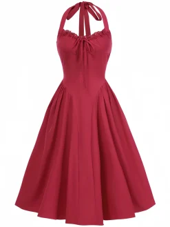Online Retro Stage 1950s Halter Solid Swing Corset Dress