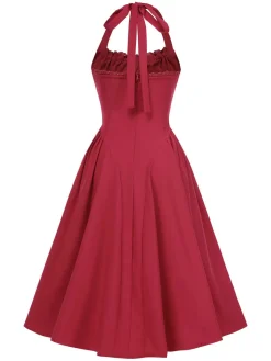 Online Retro Stage 1950s Halter Solid Swing Corset Dress