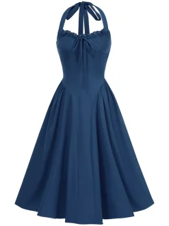 Online Retro Stage 1950s Halter Solid Swing Corset Dress