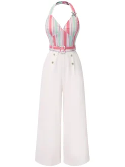 Outlet Retro Stage 1950s Halter Starfish Colorful Stripes Belted Jumpsuit Multicolor