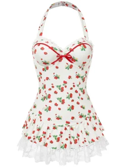 Discount Retro Stage 1950s Halter Strawberry Lace Bow Swimdress Red & White