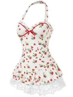 Discount Retro Stage 1950s Halter Strawberry Lace Bow Swimdress Red & White