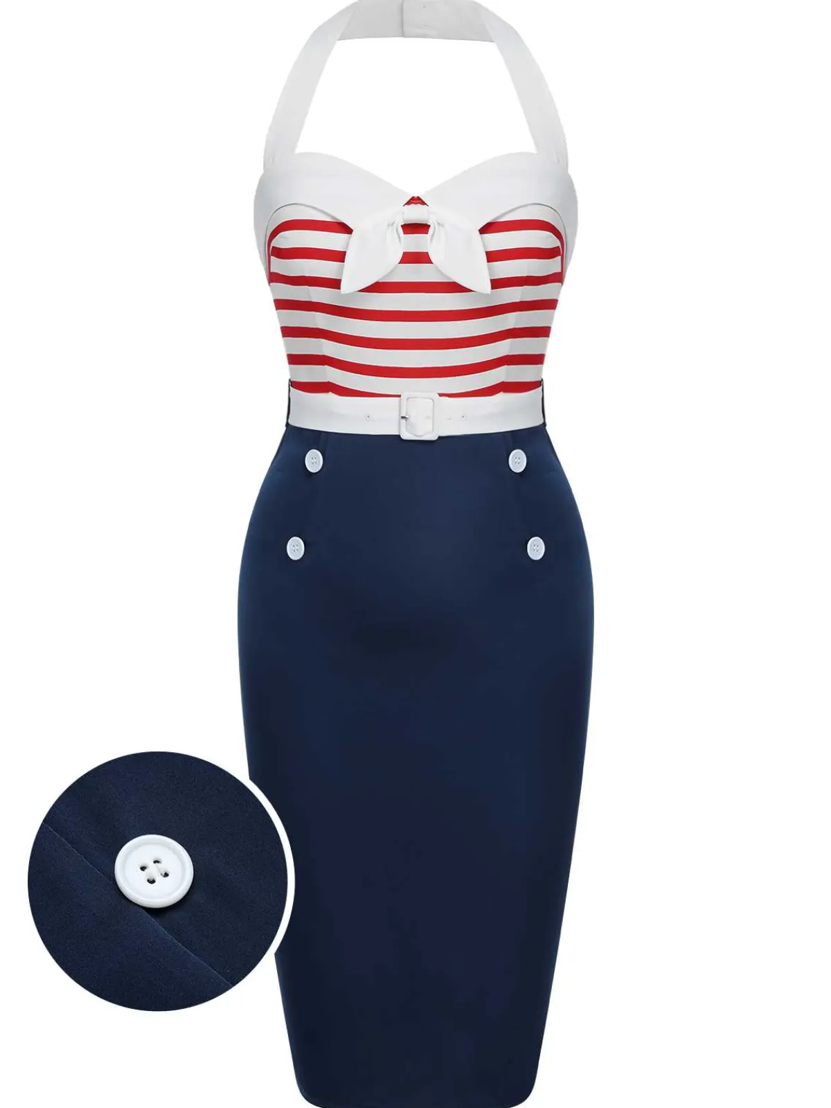 Sale Retro Stage 1960s Halter Stripes Bow Belted Dress Dark Blue