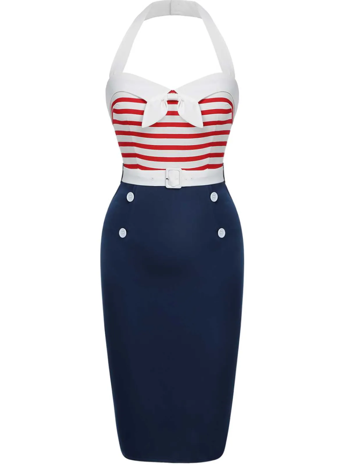 Sale Retro Stage 1960s Halter Stripes Bow Belted Dress Dark Blue