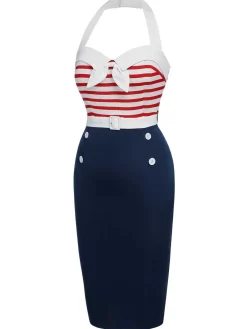 Sale Retro Stage 1960s Halter Stripes Bow Belted Dress Dark Blue