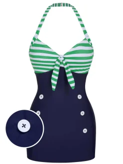 Sale Retro Stage 1960s Halter Strips Buttoned One-Piece Swimsuit Green