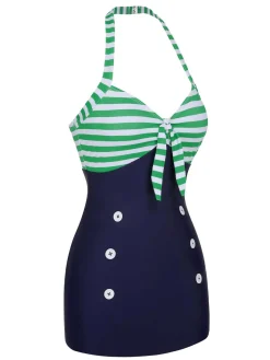 Sale Retro Stage 1960s Halter Strips Buttoned One-Piece Swimsuit Green