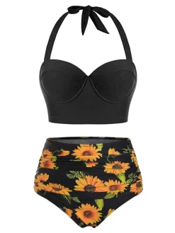 Outlet Retro Stage 1950s Halter Sunflower Pleated Bikini Set
