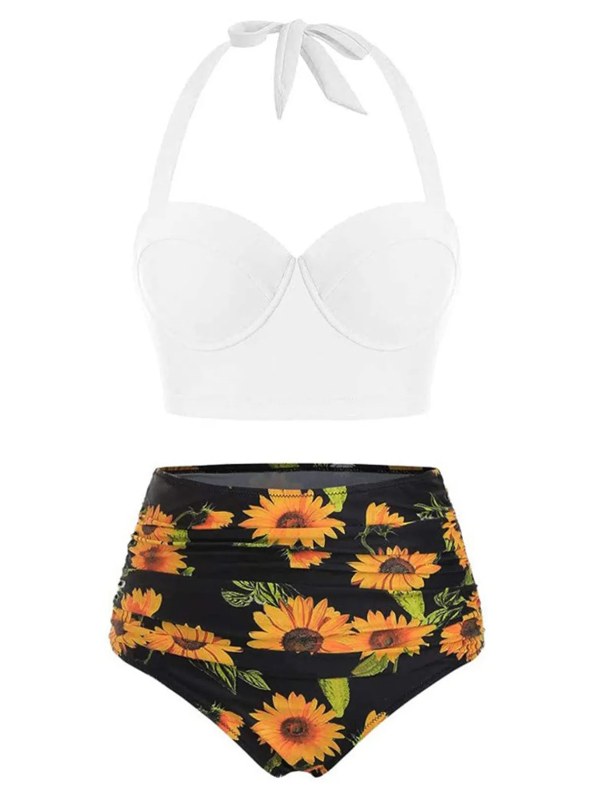 Outlet Retro Stage 1950s Halter Sunflower Pleated Bikini Set