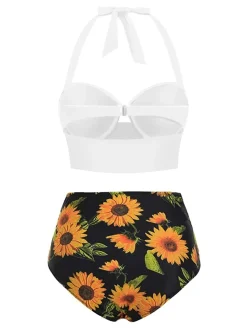Outlet Retro Stage 1950s Halter Sunflower Pleated Bikini Set
