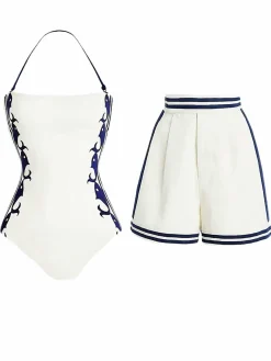 Sale Retro Stage 1940s Halter Swimsuit & Sailor-Stripe Shorts Set Blue & White