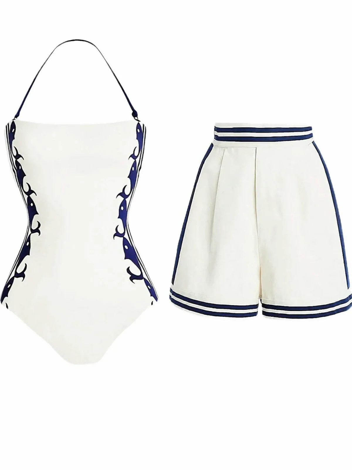 Sale Retro Stage 1940s Halter Swimsuit & Sailor-Stripe Shorts Set Blue & White