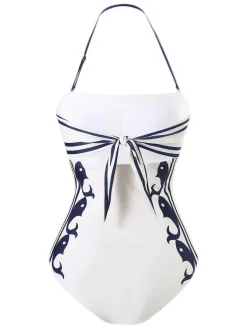 Sale Retro Stage 1940s Halter Swimsuit & Sailor-Stripe Shorts Set Blue & White