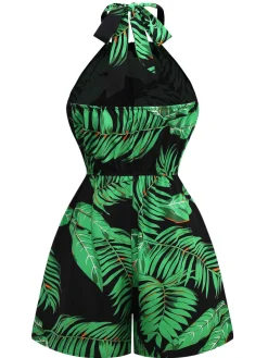 Discount Retro Stage 1950s Halter Tropical Palm-Leaf Romper