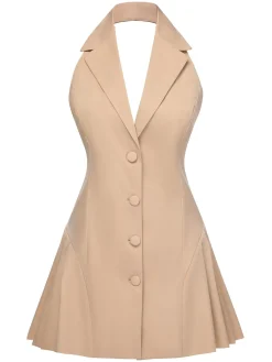 Best Retro Stage 1980s Halter V-Neck Backless Sleeveless Solid Dress