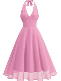 Sale Retro Stage 1950s Halter V-Neck Mesh Backless Dress