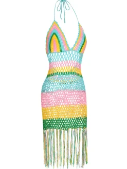 Clearance Retro Stage 1960s Handmade Crochet Tassel Halter Cover-Up Multicolor